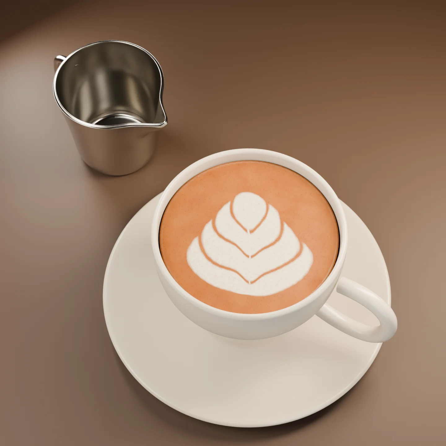 Fertige Tulpe aus Milchschaum in einer Keramiktasse, mit dem nach dem Guss abgestellten Kännchen.